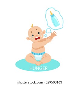 Little Baby Boy In Nappy Is HungryAnd Needs A Bottle,Part Of Reasons Of Infant Being Unhappy And Crying Cartoon Illustration Collection