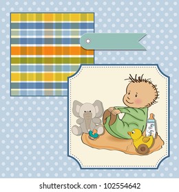 little baby boy play with his toys. shower card in vector format