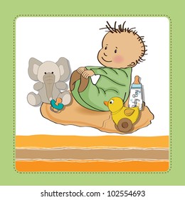 little baby boy play with his toys. shower card in vector format