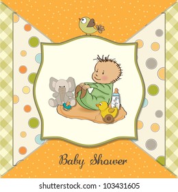 little baby boy play with his toys. shower card in vector format