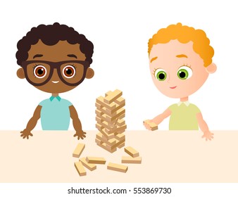 Little baby boy play in wood game. African American Boy with glasses. Tower of wood cubes. Vector illustration eps 10. Flat cartoon style.