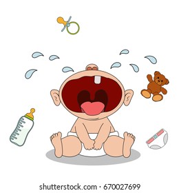Little baby boy sits and cries. Health problems and teething. He wants to eat or drink or play with a toy. Isolated on white background. Stock vector cartoon illustration