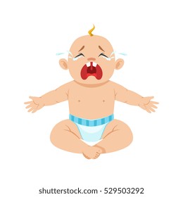 Little Baby Boy Sitting In Diaper Crying Hesterically With Eyes Full Of Tears. Infant Being Unhappy Cartoon Illustration Collection
