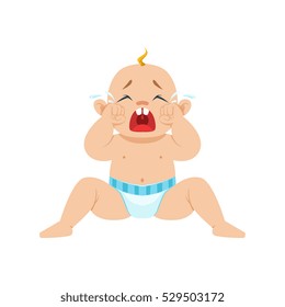 Little Baby Boy Sitting In Nappy Crying Out Loud With Eyes Full Of Tears, Part Of Reasons Of Infant Being Unhappy Cartoon Illustration Collection