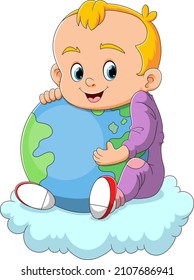 The little baby boy is sitting on the cloud and holding the earth of illustration