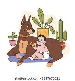 Little baby boy sitting together with big dog. Domestic pet in collar looking after a toddler. Cute friendship between animal and pet owner. Childhood scene. Flat vector illustration