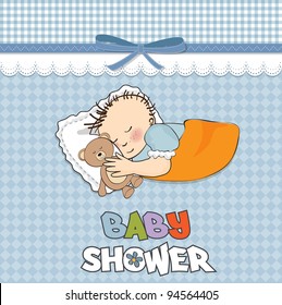 little baby boy sleep with his teddy bear toy. Baby shower card