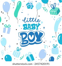 Little Baby Boy. Wishes born child. Greeting card for Happy Birthday kids. Hand draw lettering. Blue background with border.