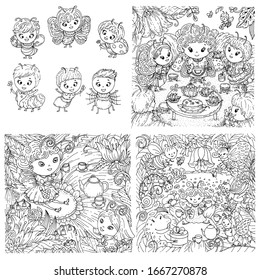 Little baby butterfly, lady bug, bee, spider, caterpillar, ant. Set of characters and hand drawn outline doodle illustrations
