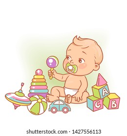 Little baby byplay sitting on floor. Cute toddler child with pacifier, rattle in hand and toys. Color vector illustration.