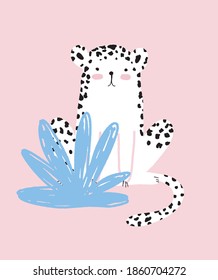 Little Baby Cheetah. Little White Wild Cat Sitting Behind a Blue Bush. Cute Baby Leopard Isolated on a Pastel Pink Background. Safari Party Decoration ideal for Card, Wall Art, Poster, Invitation.