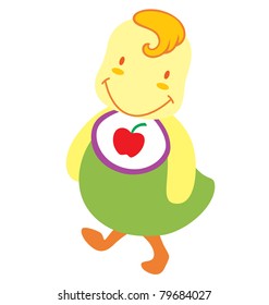 A little baby chick character wearing an apple napkin and smile wide.