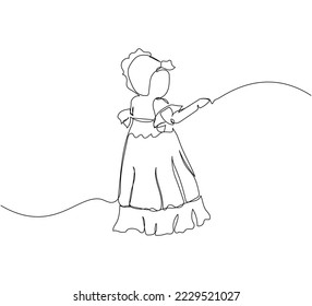 Little baby in christening clothes one line art. Continuous line drawing of child, childhood, play, boy, girl, sacrament of baptism, christening clothes, dress, bonnet.