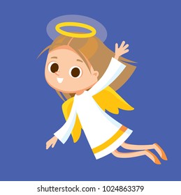 Little baby Christmas Angel flying in night sky. Fairy tale book character.