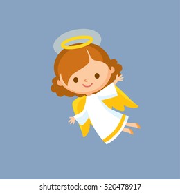 Little baby Christmas Angel flying in sky. Fairy tale book character.