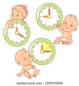 Little baby with clocks. Time for baby. Children sitting near big clock. Holding, pointing at clock face. Little boys and girls  watch time.  Child's day. Color vector illustration.