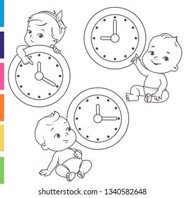 Little baby with clocks. Time for baby. Children sitting near big clock. Holding, pointing at clock face. Little boys and girls  watch time.  Child's dayю Coloring page. Outlines monochrome vector.