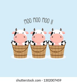 The little baby cows in the wood bucket.Vector illustration.