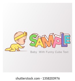Little baby crawling. Kid near logo template, Cubic form of letter. Bright colorful vector. Loren ipsum text for company merchandise. Product logotype design for toys and activities.