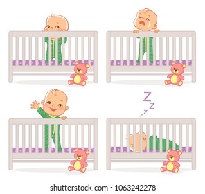 Little Baby In Crib. Baby Boy Stand In His Bed.  Kid With Different Emotions. Scared, Curious, Crying, Happy Child. Sleeping At Night. Time Before Sleep. Vector Illustration.