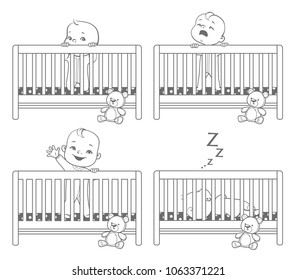 Little baby in crib. Baby boy stand in his bed. kid with different emotions. Scared, curious, crying, happy child. Sleeping at night. Time before sleep. Monochrome vector illustration.