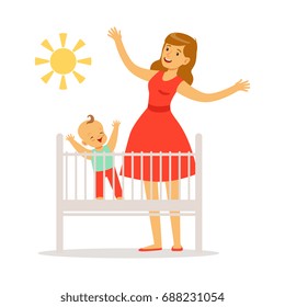 Little baby is in the crib woke up in the morning, mother and little baby in the bedroom enjoying the sun colorful vector Illustration