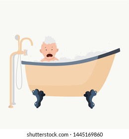 Little baby crying in the bathtub. Sad child. A kid doesn't like to bathe. Vector illustration isolated on white background.
