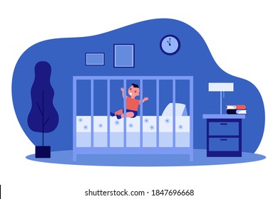 Little baby crying in cot at night. Room, newborn, toddler flat vector illustration. Childhood and weeping concept for banner, website design or landing web page