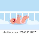 Little baby crying hesterically in crib. Crying baby lies and pulls up the handles. Little kid being unhappy. Flat vector Illustration