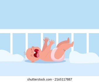 Little baby crying hesterically in crib. Crying baby lies and pulls up the handles. Little kid being unhappy. Flat vector Illustration