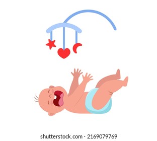 Little baby crying hesterically. Crying baby lies and pulls up the handles. Little kid being unhappy. Baby bed carousel toy above him. Vector Illustration