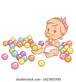 Little Baby In Diaper Hold Plastic Ball. Cute Toddler Baby Girl Play In Ball Pool. Colorful Balls Isolated.  Colorful Vector Illustration.