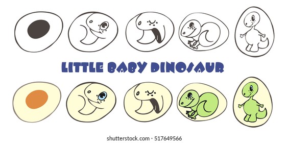 Little baby dinosaur in the egg. Stages of egg development. Cute baby dinosaur hatching