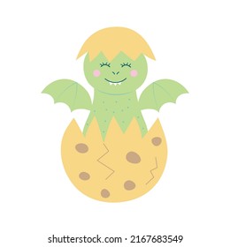 Little baby dinosaur hatching from the egg. Prehistoric cartoon character. Vector illustration.