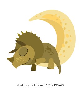 Little baby dinosaur sleeps on the moon. Starry night sky Isolated object on white background. Cheerful kind animal baby dino. Cartoons flat style. Prehistoric reptile. Funny. Illustration vector