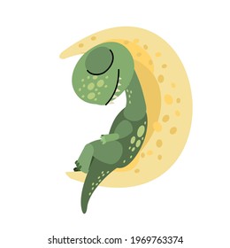 Little baby dinosaur sleeps on the moon. Starry night sky Isolated object on white background. Cheerful kind animal baby dino. Cartoons flat style. Prehistoric reptile. Funny. Illustration vector