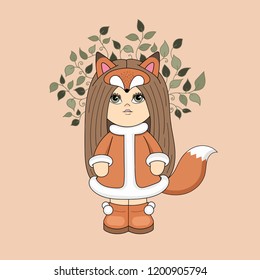 Little baby doll in costume fox. Vector image