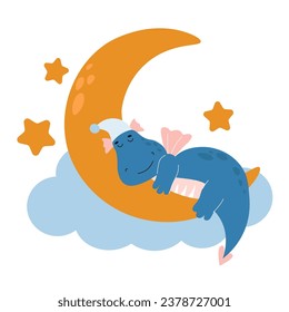 A little baby dragon sleeps on the moon against the background of stars and the night sky. Children's cute illustration with a dinosaur. Vector graphics.