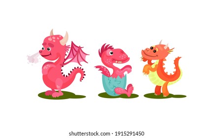 Little Baby Dragons as Fairy Winged Creatures Capable of Breathing Fire Vector Set