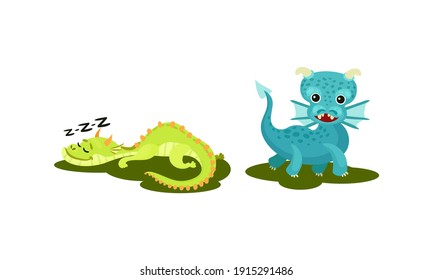 Little Baby Dragons as Fairy Winged Creatures Capable of Breathing Fire Vector Set