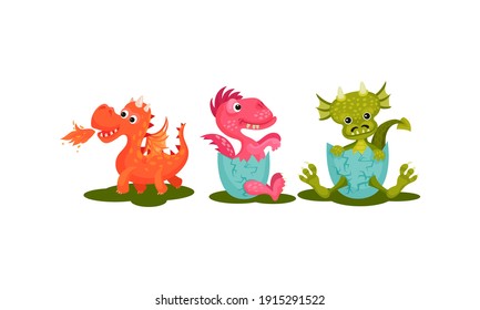 Little Baby Dragons as Fairy Winged Creatures Capable of Breathing Fire Vector Set