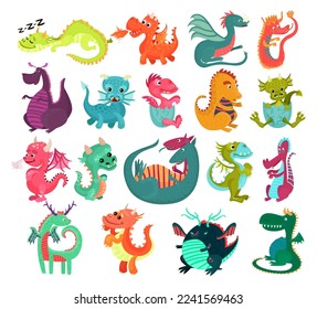 Little Baby Dragons as Fairy Winged Creatures Capable of Breathing Fire Vector Set