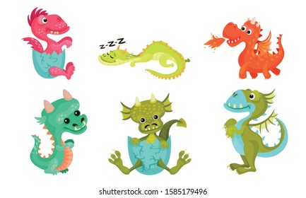 Little Baby Dragons Vector Set. Funny Fantasy Cartoon Characters