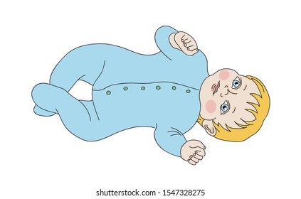 Little baby dressed in blue overalls, lying on his back. Hand drawn illustration, isolated on white, vector.