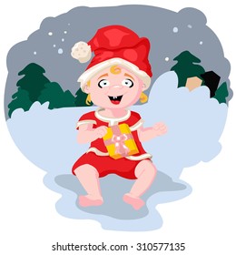 little baby dressed as Santa Claus with a gift in the hands of the card
