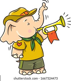 Little baby elephant blows a bugle. Scout camp