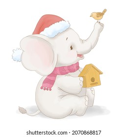 Little baby elephant with Christmas hat and scarf