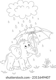 Little baby elephant hiding under a toy umbrella in a summer rain, black and white outline vector cartoon illustration for a coloring book