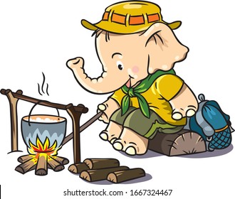 Little baby elephant near a campfire. Scout camp