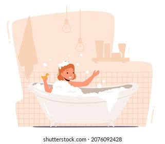 Bebé disfrutando del baño en la bañera. Noche De Carácter Infantil De Rutina Diaria. Lavado infantil en el baño con pato de juguete y burbujas de espuma. Concepto de atención de la salud infantil. Ilustración de vectores de personas de caricatura